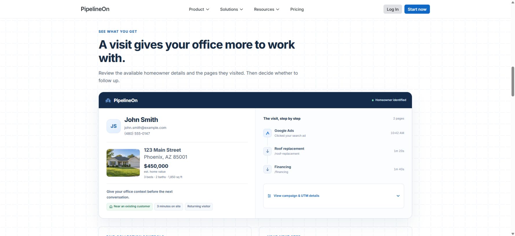 PipelineOn public demo showing homeowner details and website activity