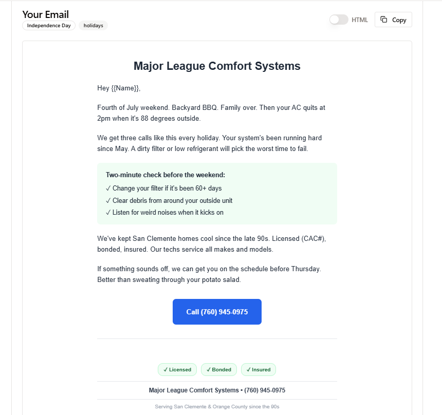 Email Crafter - finished July 4th email with personalized content